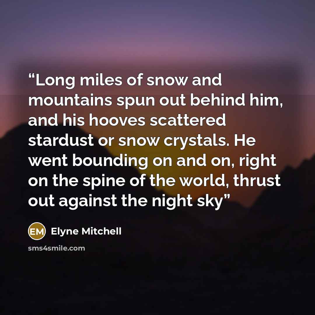 “Long miles of snow and mountains spun out behind him, and his hooves scattered stardust or snow crystals. He went bounding on and on, right on the spine of the world, thrust out against the night sky” quote by Elyne Mitchell
