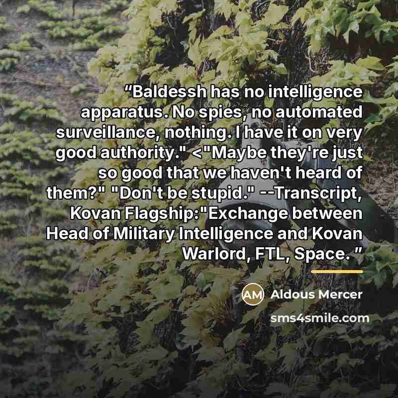 ““Baldessh has no intelligence apparatus. No spies, no automated surveillance, nothing. I have it on very good authority."” quote by Aldous Mercer
