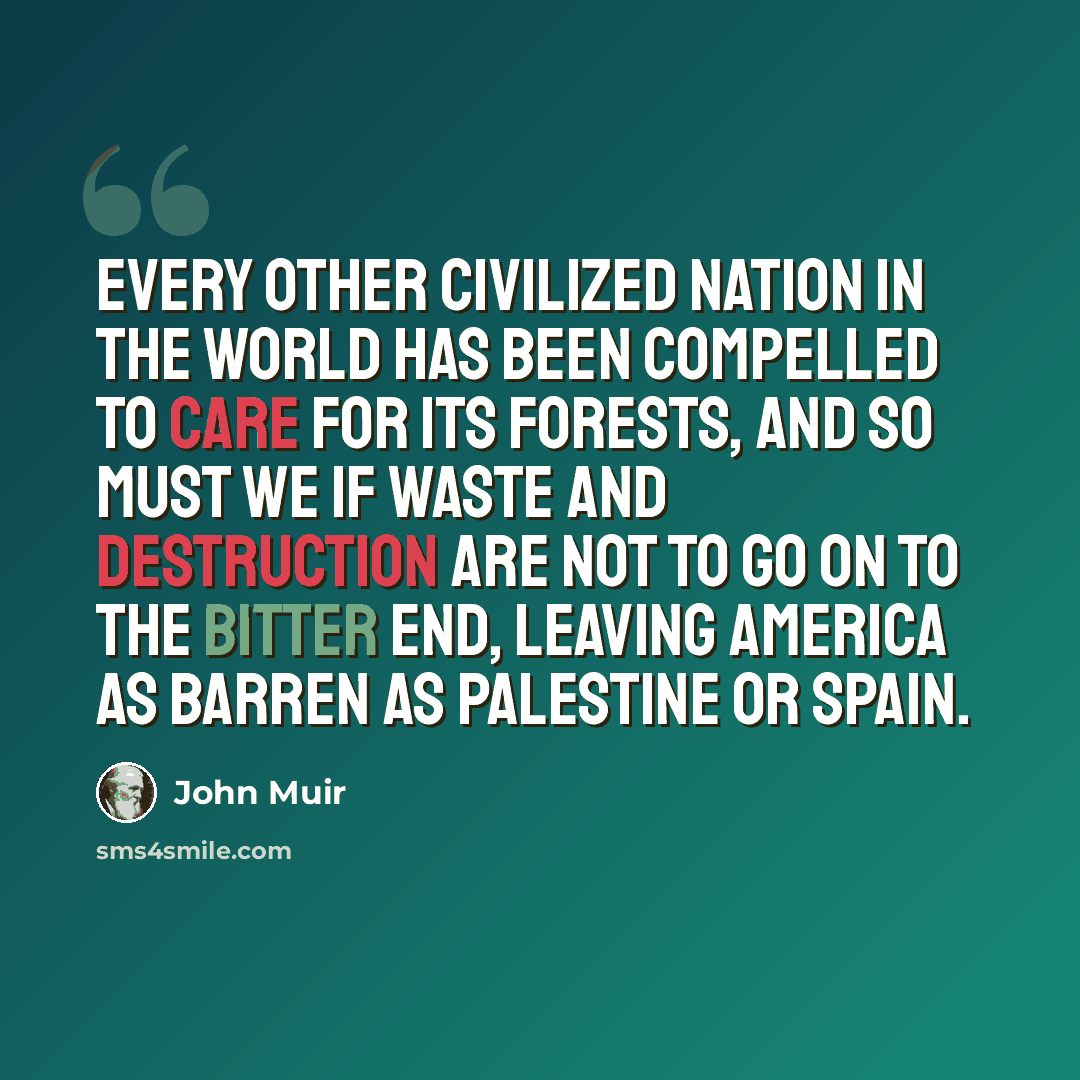 “Every other civilized nation in the world has been compelled to care for its forests, and so must we if waste and destruction are not to go on to the bitter end, leaving America as barren as Palestine or Spain.” quote by John Muir