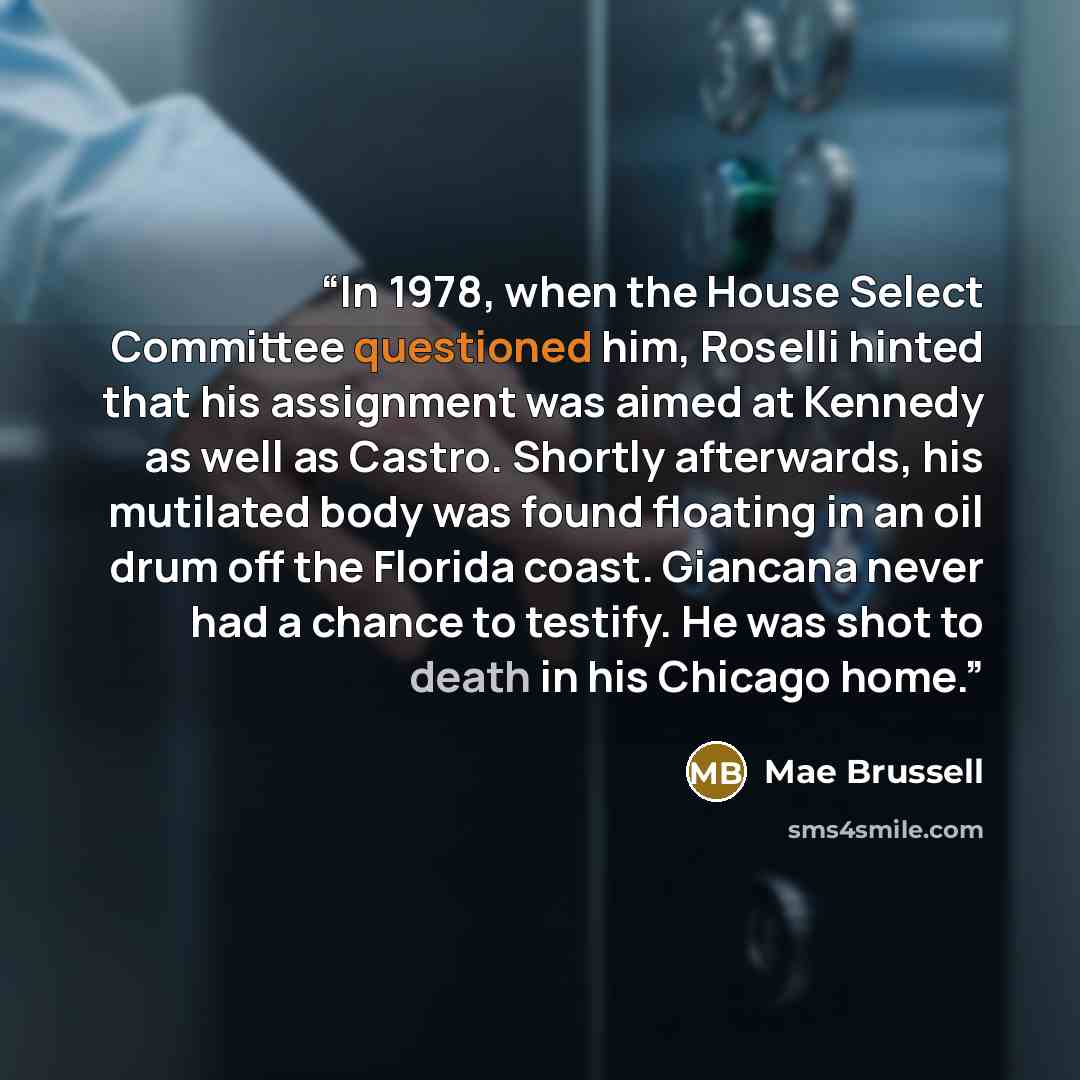 “In 1978, when the House Select Committee questioned him, Roselli hinted that his assignment was aimed at Kennedy as well as Castro. Shortly afterwards, his mutilated body was found floating in an oil drum off the Florida coast. Giancana never had a chance to testify. He was shot to death in his…” quote by Mae Brussell