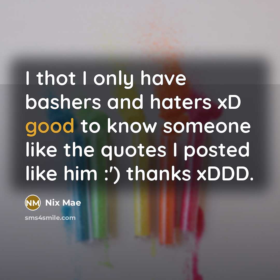 “I thot I only have bashers and haters xD good to know someone like the quotes I posted like him :') thanks xDDD.” quote by Nix Mae