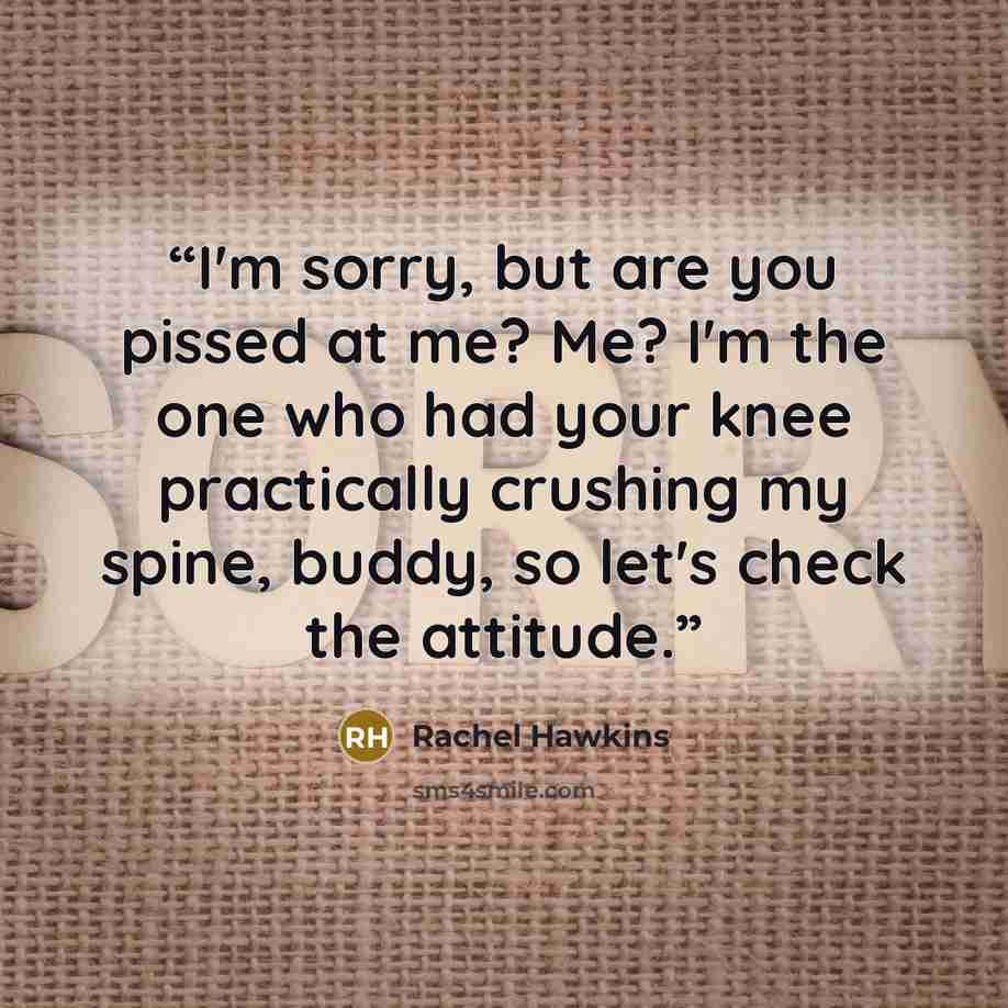 “I'm sorry, but are you pissed at me? Me? I'm the one who had your knee practically crushing my spine, buddy, so let's check the attitude.” quote by Rachel Hawkins
