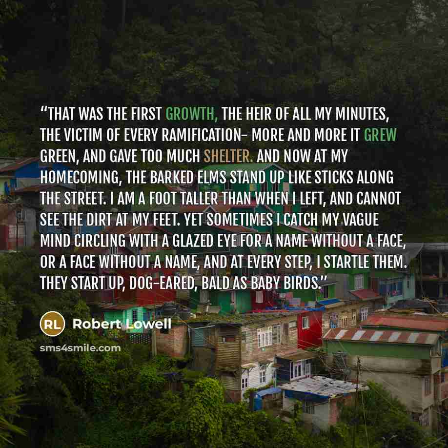 “That was the first growth, the heir of all my minutes, the victim of every ramification- more and more it grew green, and gave too much shelter. And now at my homecoming, the barked elms stand up like sticks along the street. I am a foot taller than when I left, and cannot see the dirt at my feet…” quote by Robert Lowell