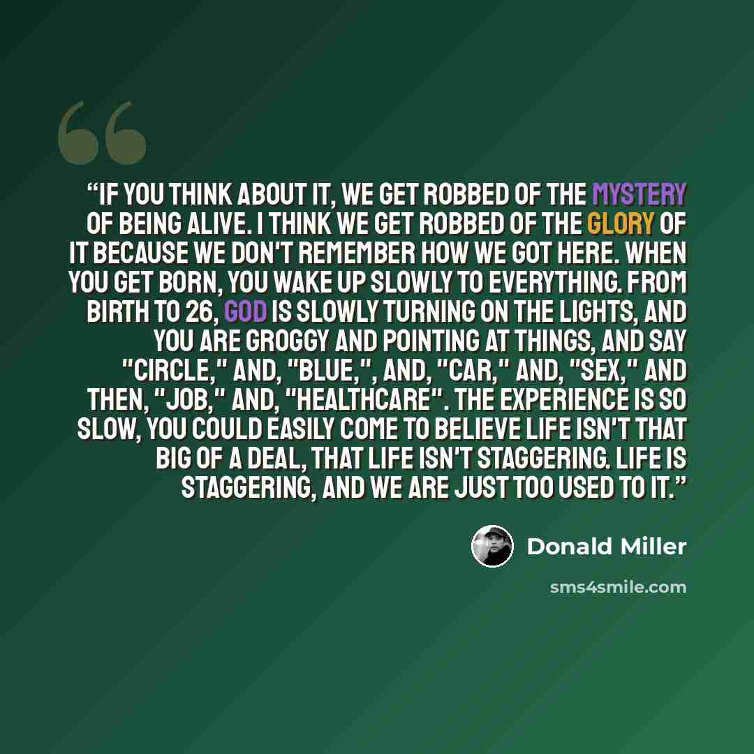 “If you think about it, we get robbed of the mystery of being alive. I think we get robbed of the glory of it because we don't remember how we got here. When you get born, you wake up slowly to everything. From birth to 26, God is slowly turning on the lights, and you are groggy and pointing at…” quote by Donald Miller