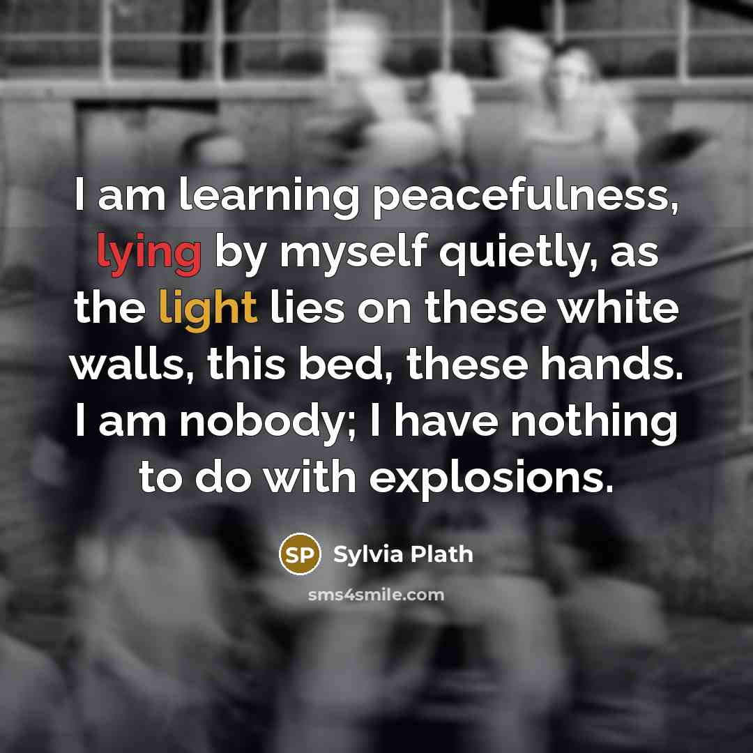 “I am learning peacefulness, lying by myself quietly, as the light lies on these white walls, this bed, these hands. I am nobody; I have nothing to do with explosions.” quote by Sylvia Plath