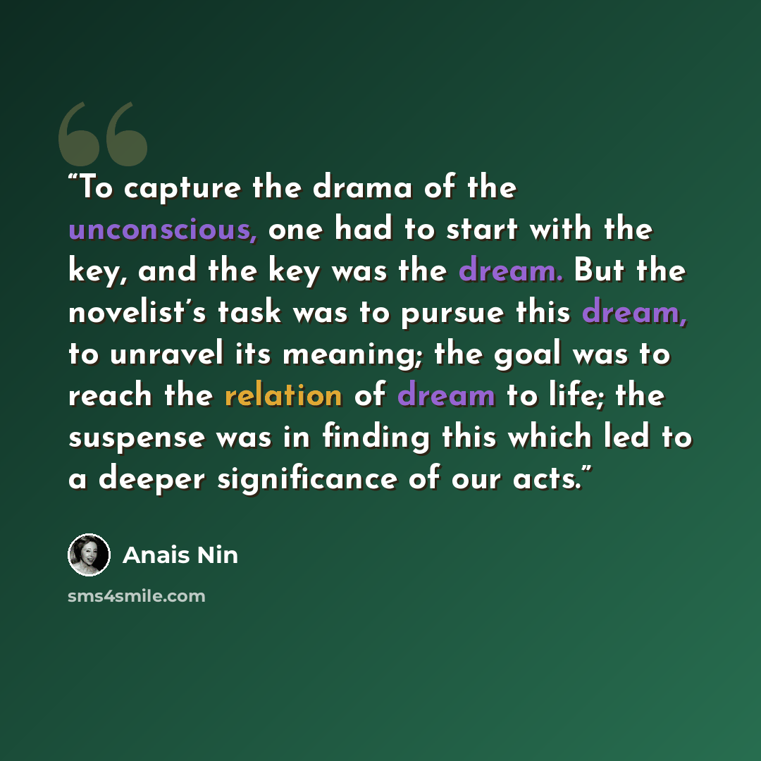 “To capture the drama of the unconscious, one had to start with the key, and the key was the dream. But the novelist’s task was to pursue this dream, to unravel its meaning; the goal was to reach the relation of dream to life; the suspense was in finding this which led to a deeper significance of…” quote by Anaïs Nin