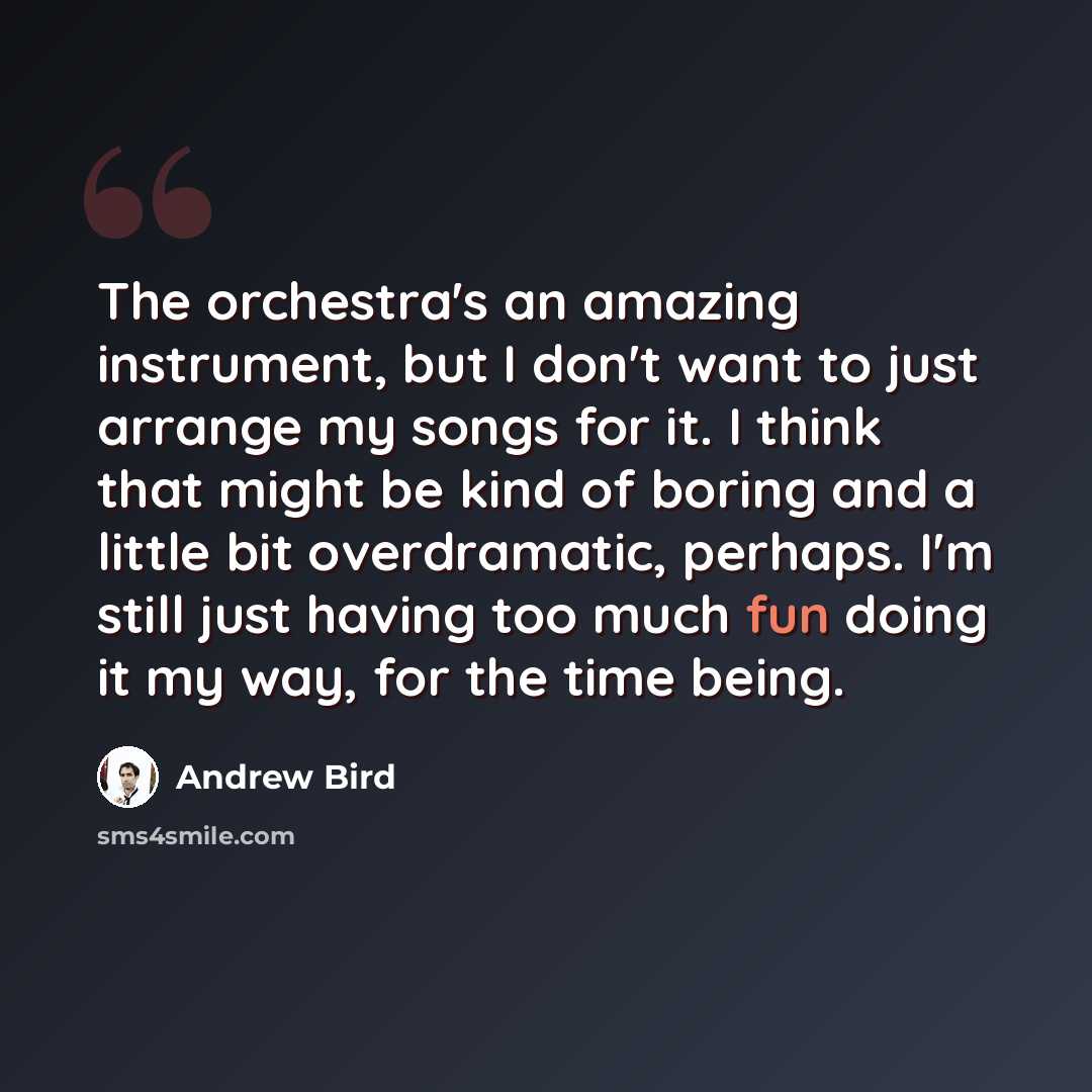 “The orchestra's an amazing instrument, but I don't want to just arrange my songs for it. I think that might be kind of boring and a little bit overdramatic, perhaps. I'm still just having too much fun doing it my way, for the time being.” quote by Andrew Bird