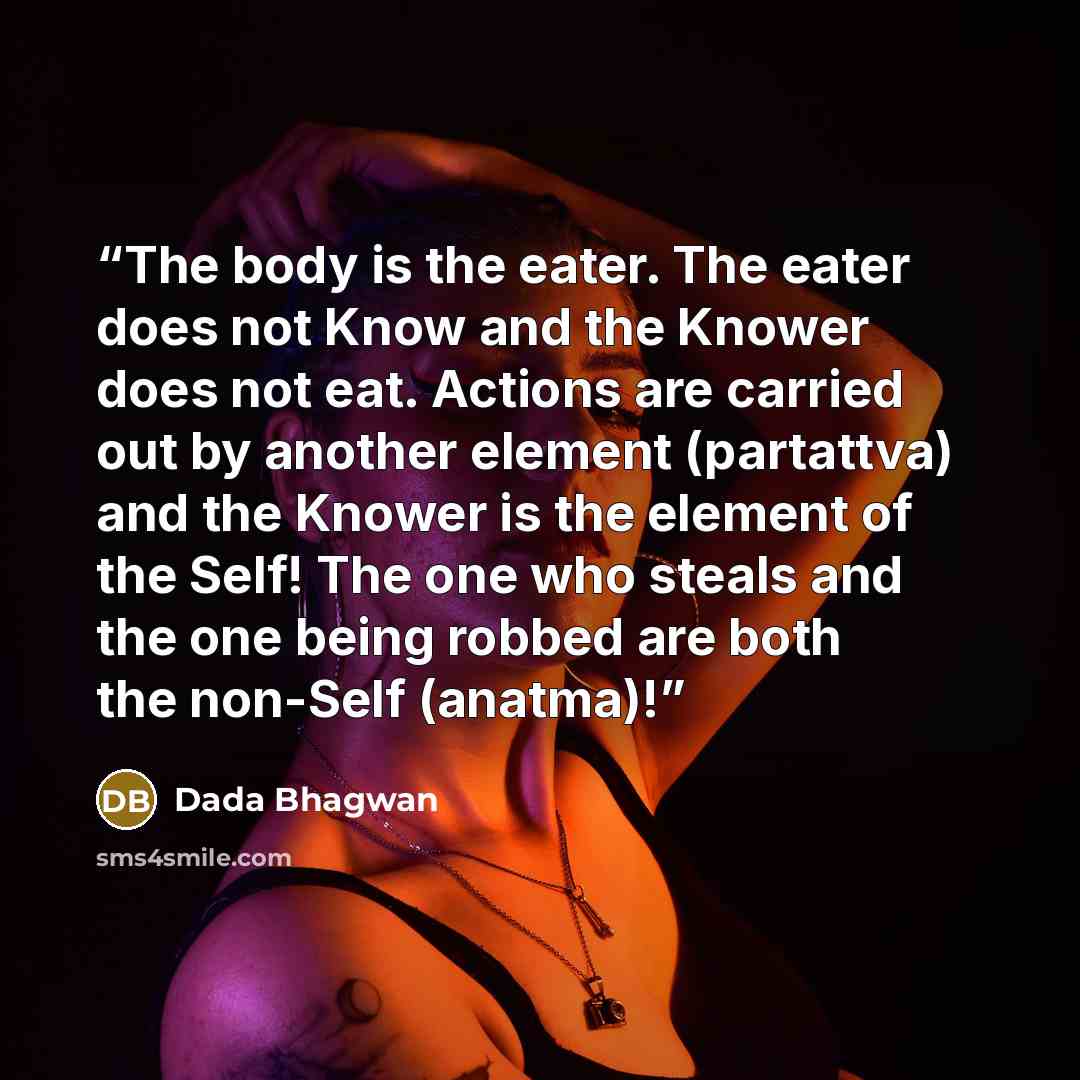 “The body is the eater. The eater does not Know and the Knower does not eat. Actions are carried out by another element (partattva) and the Knower is the element of the Self! The one who steals and the one being robbed are both the non-Self (anatma)!” quote by Dada Bhagwan