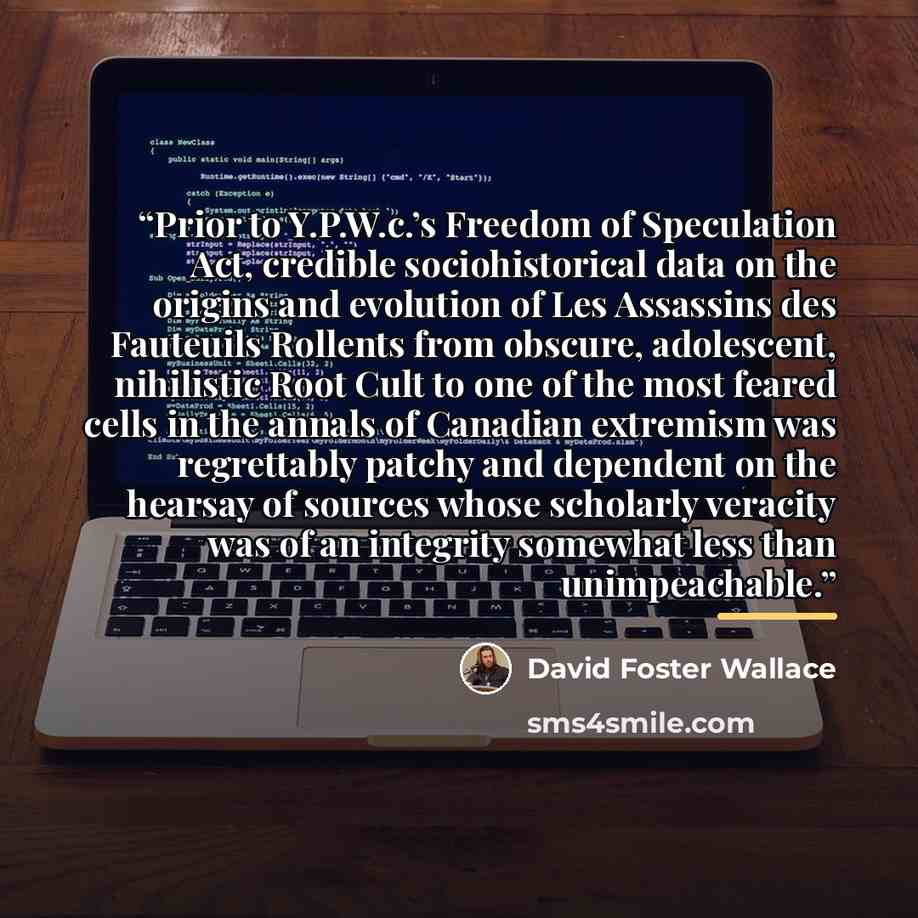 “Prior to Y.P.W.c.’s Freedom of Speculation Act, credible sociohistorical data on the origins and evolution of Les Assassins des Fauteuils Rollents from obscure, adolescent, nihilistic Root Cult to one of the most feared cells in the annals of Canadian extremism was regrettably patchy and dependent…” quote by David Foster Wallace