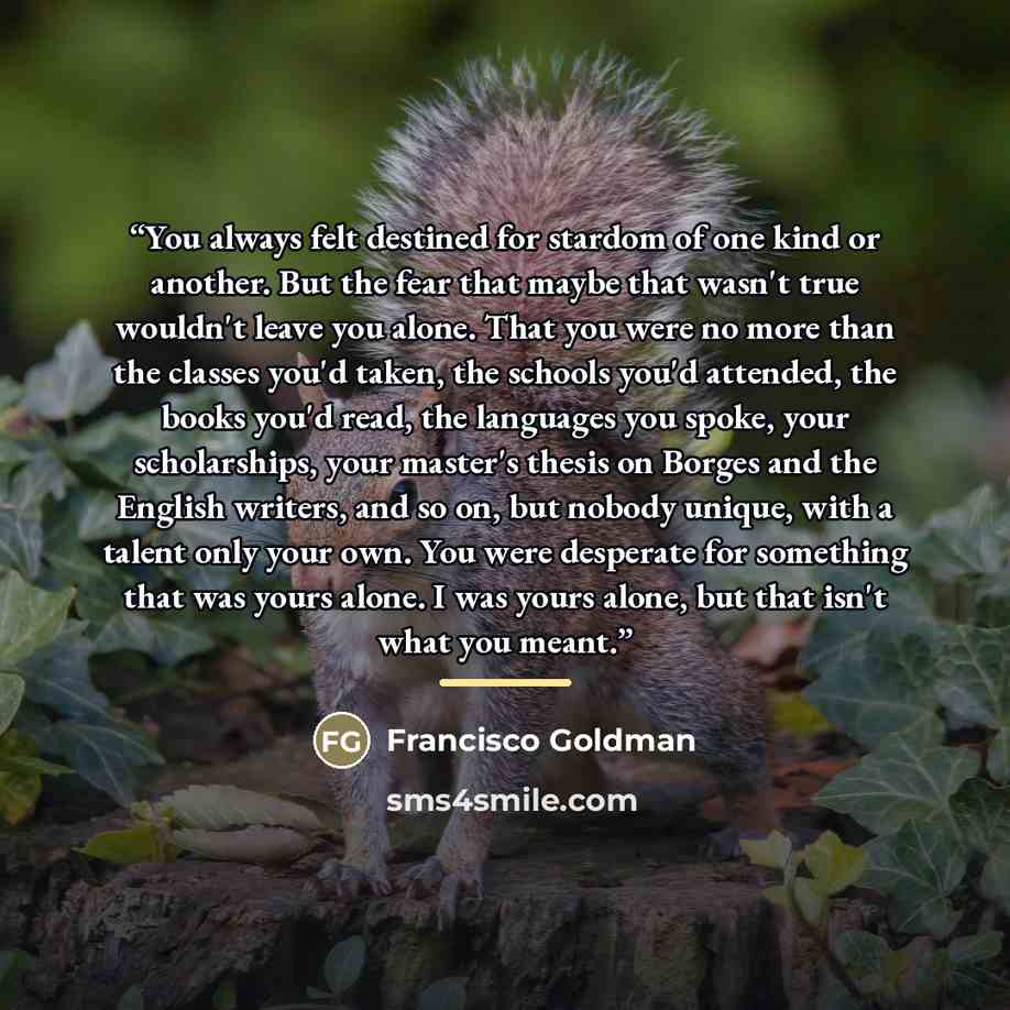 “You always felt destined for stardom of one kind or another. But the fear that maybe that wasn't true wouldn't leave you alone. That you were no more than the classes you'd taken, the schools you'd attended, the books you'd read, the languages you spoke, your scholarships, your master's thesis on…” quote by Francisco Goldman