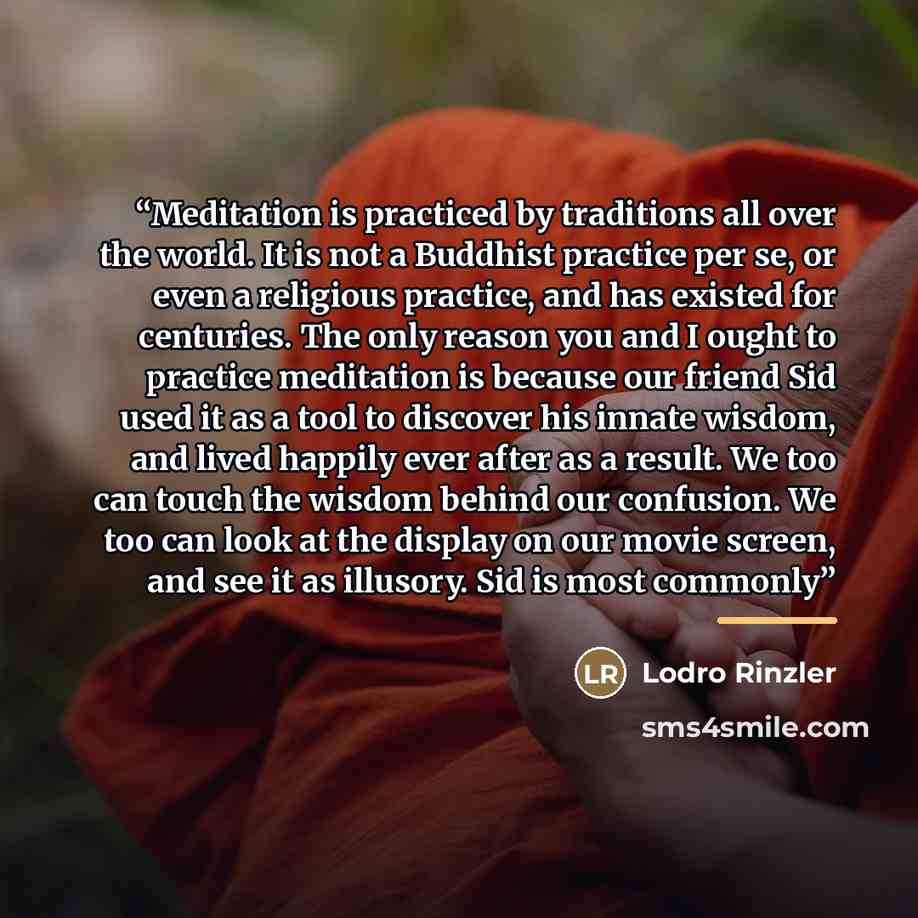 “Meditation is practiced by traditions all over the world. It is not a Buddhist practice per se, or even a religious practice, and has existed for centuries. The only reason you and I ought to practice meditation is because our friend Sid used it as a tool to discover his innate wisdom, and lived…” quote by Lodro Rinzler