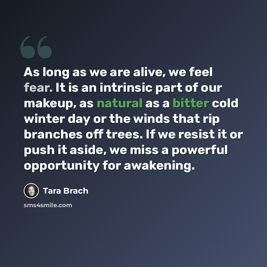 “As long as we are alive, we feel fear. It is an intrinsic part of our makeup, as natural as a bitter cold winter day or the winds that rip branches off trees. If we resist it or push it aside, we miss a powerful opportunity for awakening.” quote by Tara Brach