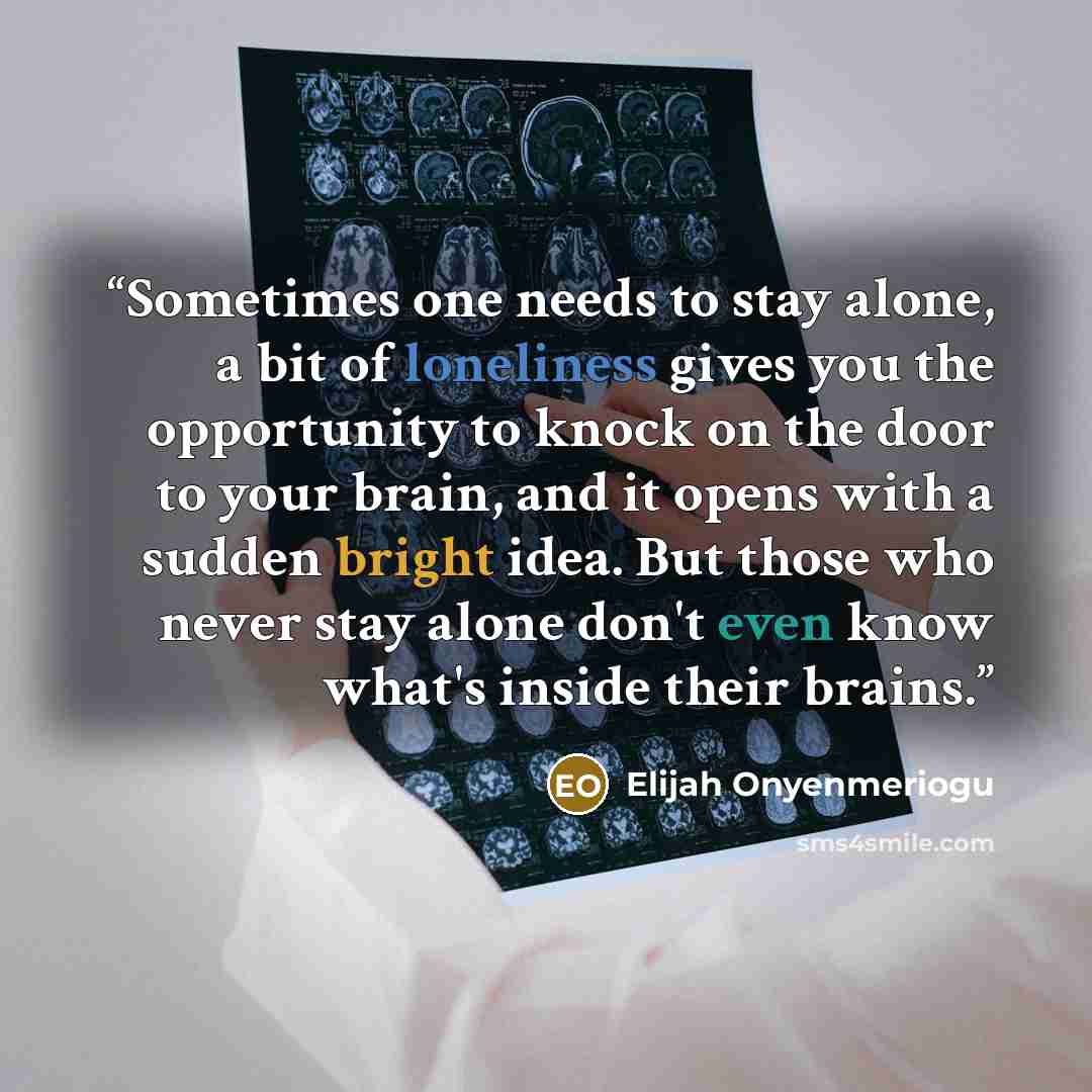 “Sometimes one needs to stay alone, a bit of loneliness gives you the opportunity to knock on the door to your brain, and it opens with a sudden bright idea. But those who never stay alone don't even know what's inside their brains.” quote by Elijah Onyenmeriogu