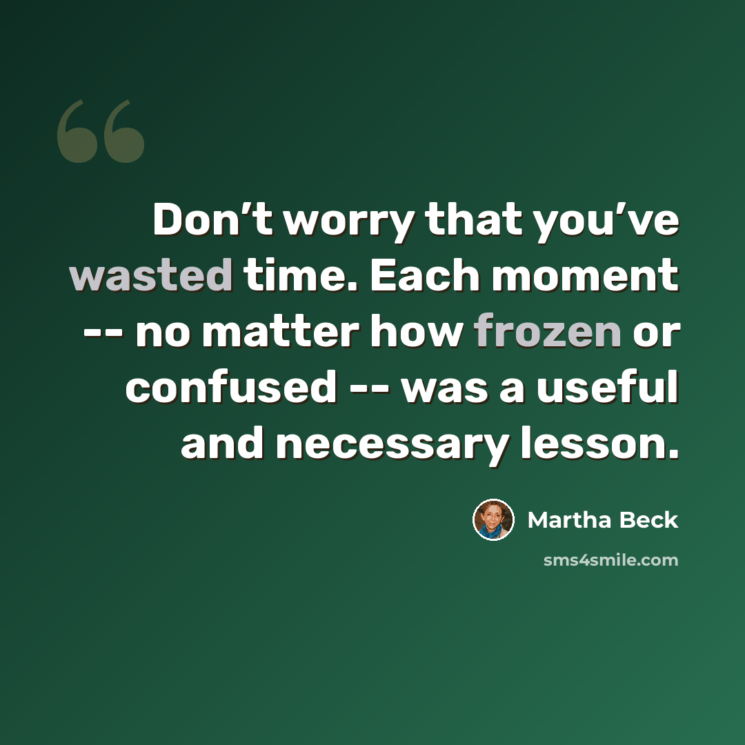 “Don’t worry that you’ve wasted time. Each moment -- no matter how frozen or confused -- was a useful and necessary lesson.” quote by Martha Beck