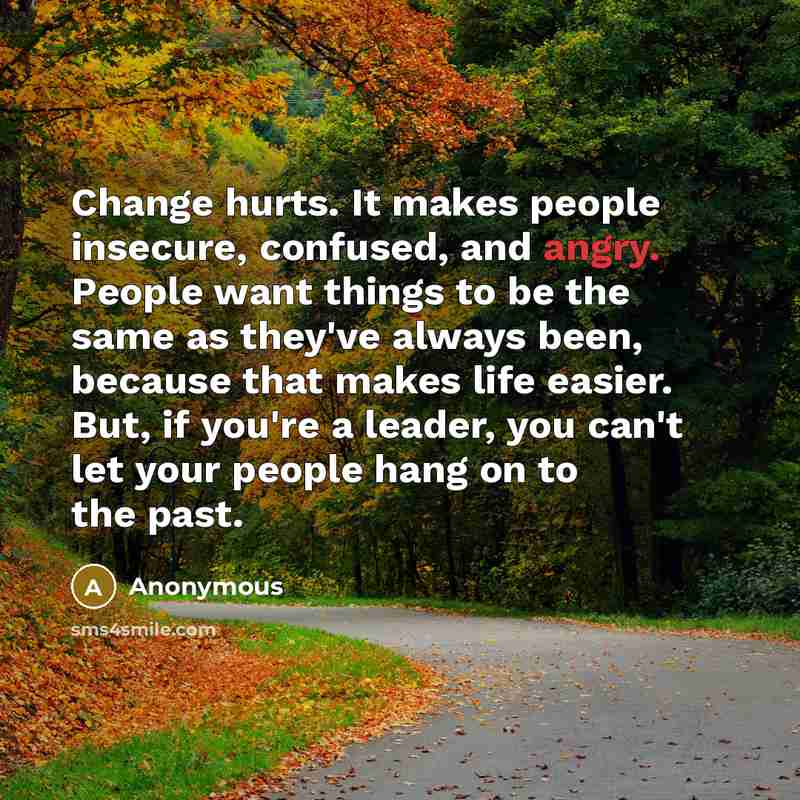 “Change hurts. It makes people insecure, confused, and angry. People want things to be the same as they've always been, because that makes life easier. But, if you're a leader, you can't let your people hang on to the past.” quote by Anonymous