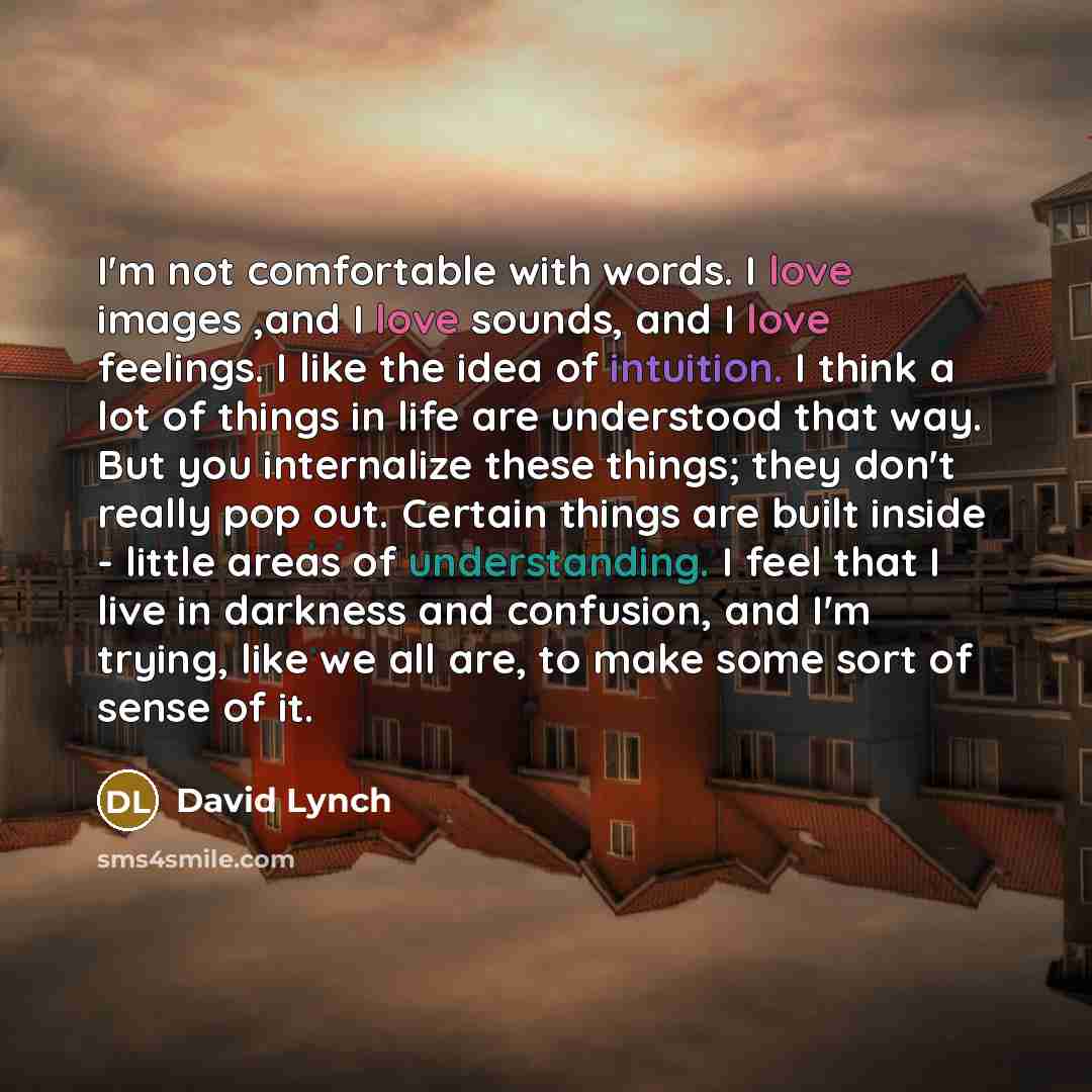 “I'm not comfortable with words. I love images ,and I love sounds, and I love feelings. I like the idea of intuition. I think a lot of things in life are understood that way. But you internalize these things; they don't really pop out. Certain things are built inside - little areas of…” quote by David Lynch