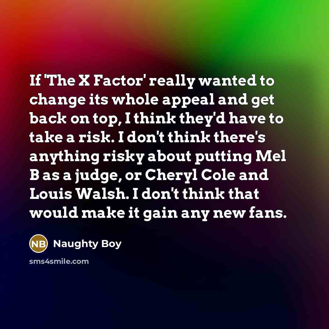 “If 'The X Factor' really wanted to change its whole appeal and get back on top, I think they'd have to take a risk. I don't think there's anything risky about putting Mel B as a judge, or Cheryl Cole and Louis Walsh. I don't think that would make it gain any new fans.” quote by Naughty Boy