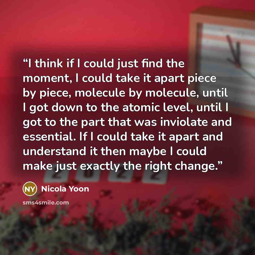 “I think if I could just find the moment, I could take it apart piece by piece, molecule by molecule, until I got down to the atomic level, until I got to the part that was inviolate and essential. If I could take it apart and understand it then maybe I could make just exactly the right change.” quote by Nicola Yoon