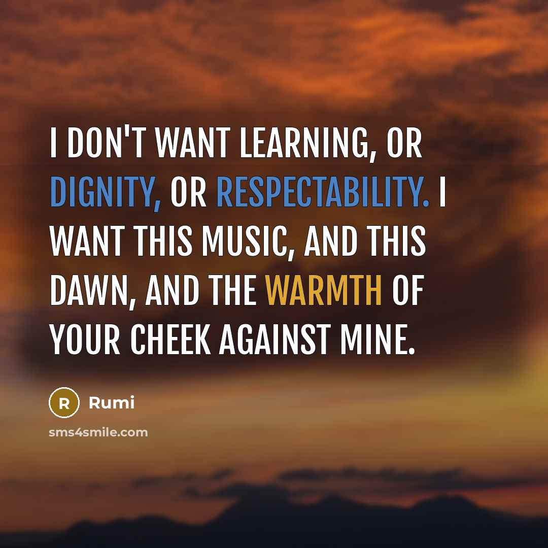 “I don't want learning, or dignity, or respectability. I want this music, and this dawn, and the warmth of your cheek against mine.” quote by Rumi
