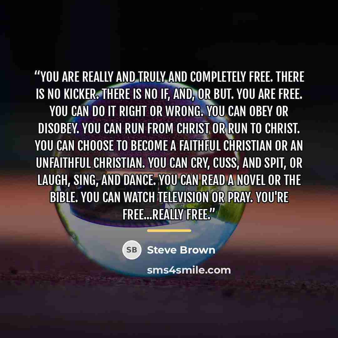 “You are really and truly and completely free. There is no kicker. There is no if, and, or but. You are free. You can do it right or wrong. You can obey or disobey. You can run from Christ or run to Christ. You can choose to become a faithful Christian or an unfaithful Christian. You can cry, cuss…” quote by Steve Brown