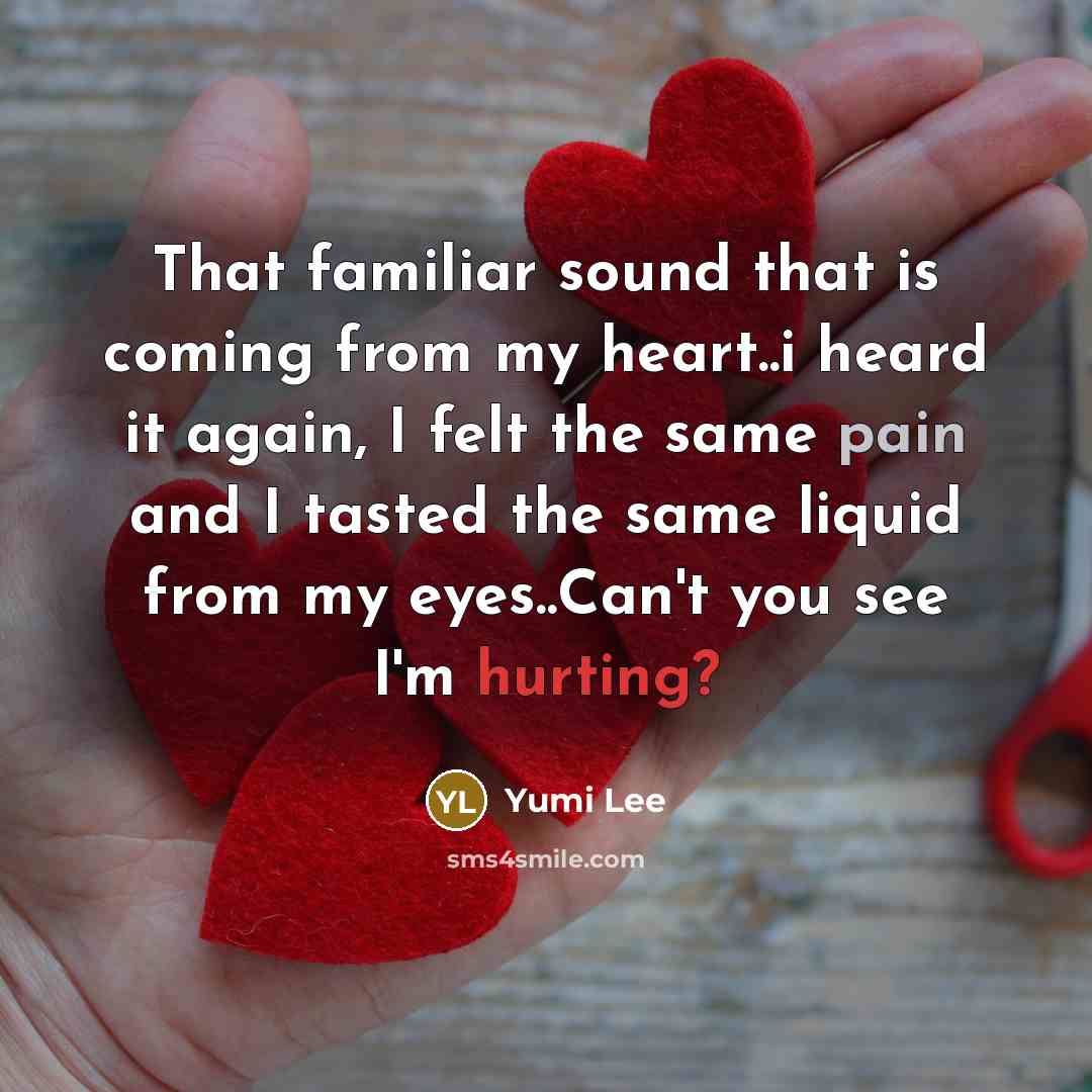 “That familiar sound that is coming from my heart..i heard it again, I felt the same pain and I tasted the same liquid from my eyes..Can't you see I'm hurting?” quote by Yumi Lee