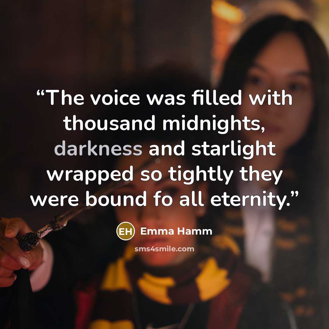 “The voice was filled with thousand midnights, darkness and starlight wrapped so tightly they were bound fo all eternity.” quote by Emma Hamm