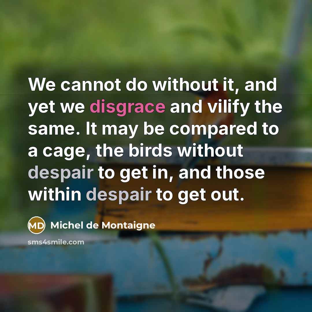 “We cannot do without it, and yet we disgrace and vilify the same. It may be compared to a cage, the birds without despair to get in, and those within despair to get out.” quote by Michel de Montaigne