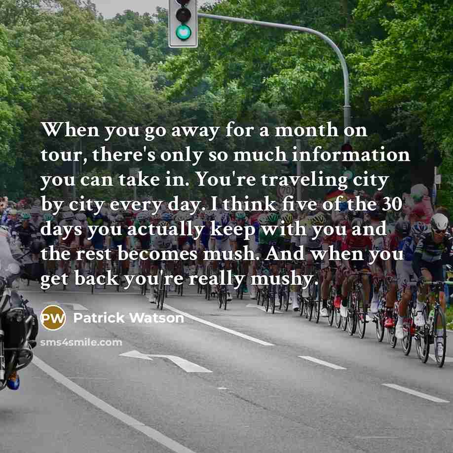 “When you go away for a month on tour, there's only so much information you can take in. You're traveling city by city every day. I think five of the 30 days you actually keep with you and the rest becomes mush. And when you get back you're really mushy.” quote by Patrick Watson