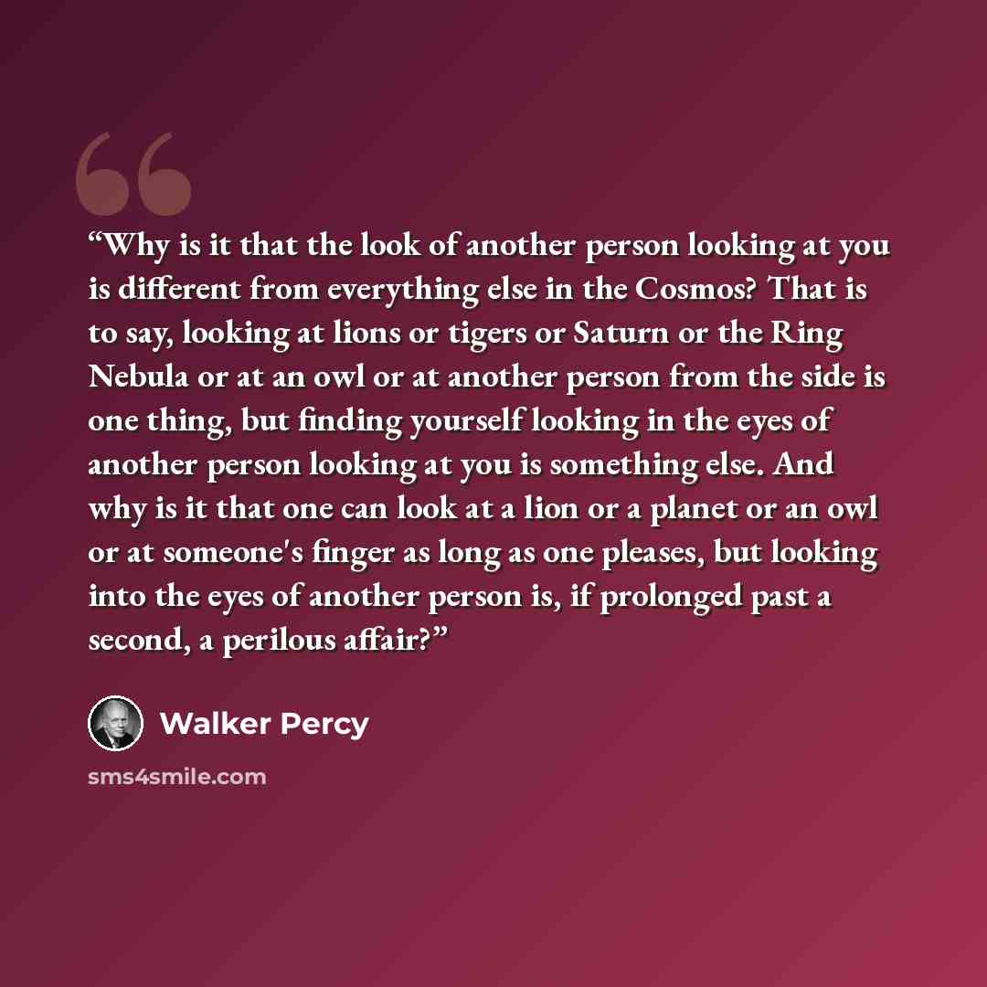 “Why is it that the look of another person looking at you is different from everything else in the Cosmos? That is to say, looking at lions or tigers or Saturn or the Ring Nebula or at an owl or at another person from the side is one thing, but finding yourself looking in the eyes of another person…” quote by Walker Percy
