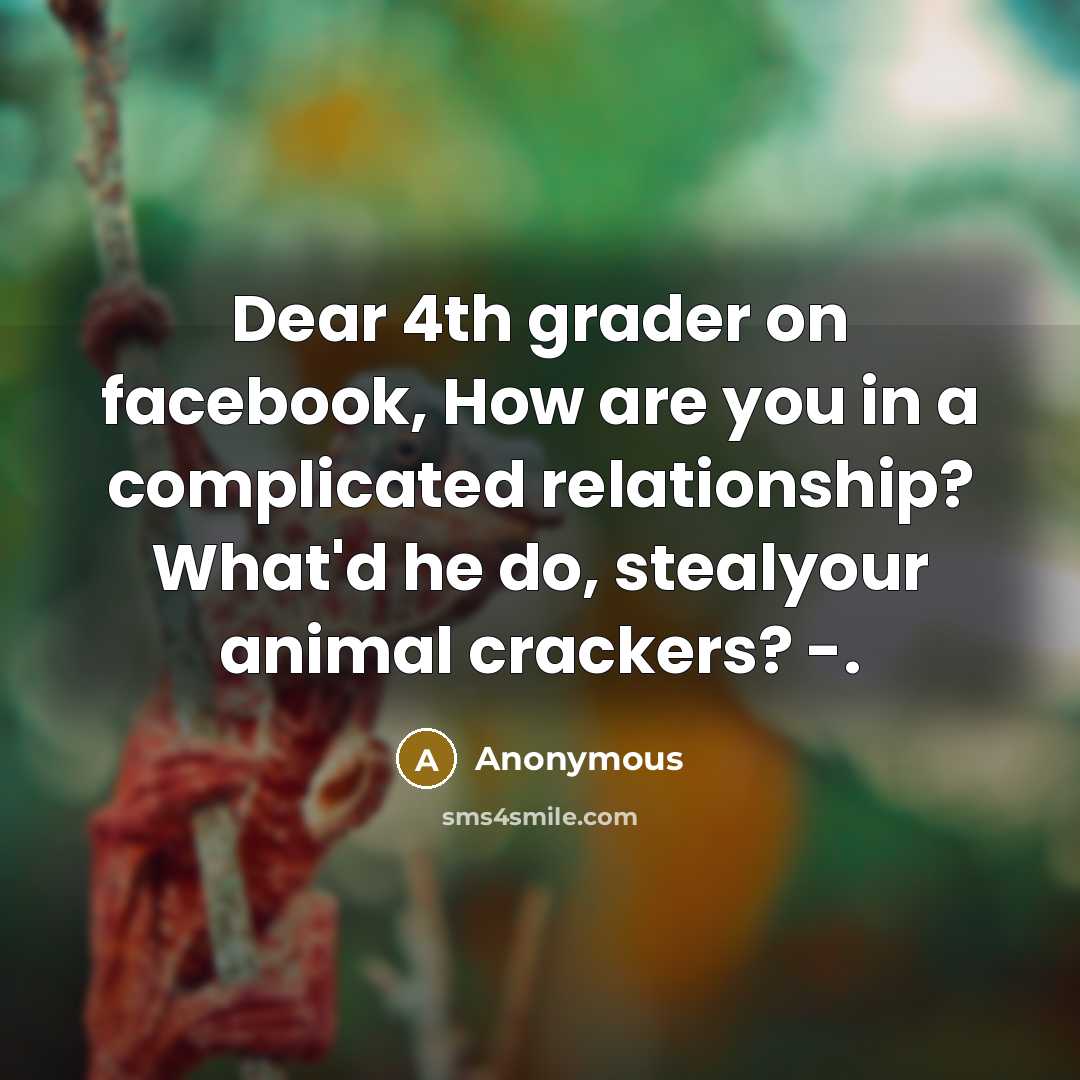 “Dear 4th grader on facebook, How are you in a complicated relationship? What'd he do, stealyour animal crackers? -.” quote by Anonymous