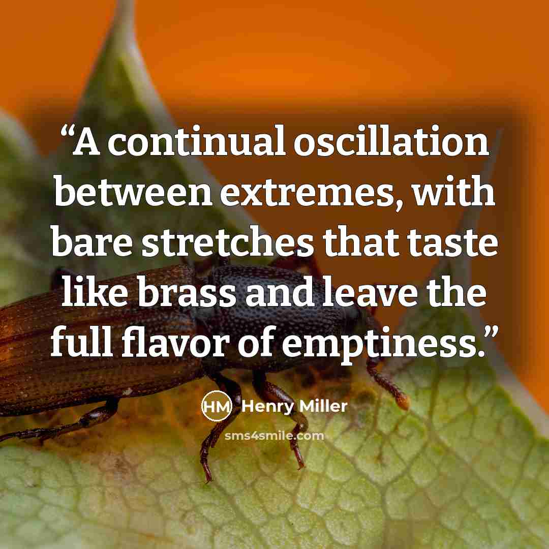 “A continual oscillation between extremes, with bare stretches that taste like brass and leave the full flavor of emptiness.” quote by Henry Miller