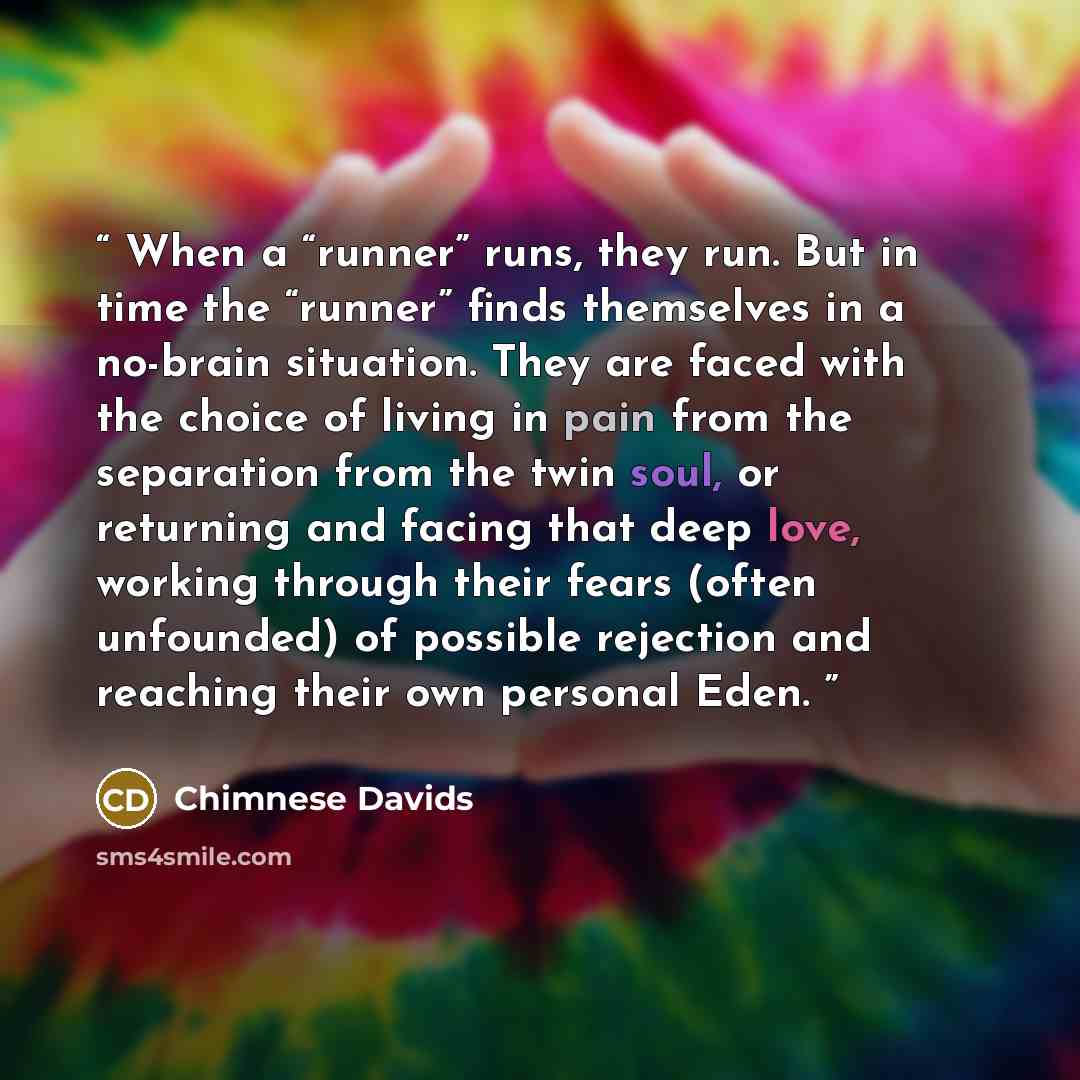 “When a “runner” runs, they run. But in time the “runner” finds themselves in a no-brain situation. They are faced with the choice of living in pain from the separation from the twin soul, or returning and facing that deep love, working through their fears (often unfounded) of possible rejection…” quote by Chimnese Davids