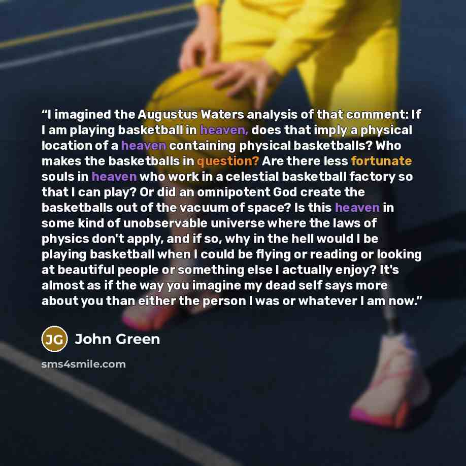 “I imagined the Augustus Waters analysis of that comment: If I am playing basketball in heaven, does that imply a physical location of a heaven containing physical basketballs? Who makes the basketballs in question? Are there less fortunate souls in heaven who work in a celestial basketball factory…” quote by John Green