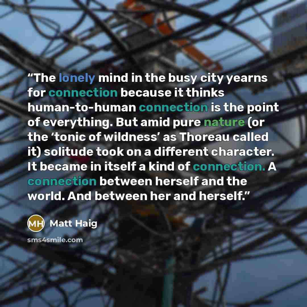 “The lonely mind in the busy city yearns for connection because it thinks human-to-human connection is the point of everything. But amid pure nature (or the ‘tonic of wildness’ as Thoreau called it) solitude took on a different character. It became in itself a kind of connection. A connection…” quote by Matt Haig