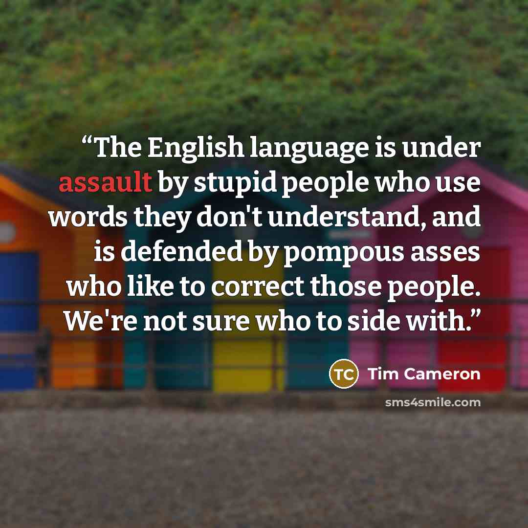 “The English language is under assault by stupid people who use words they don't understand, and is defended by pompous asses who like to correct those people. We're not sure who to side with.” quote by Tim Cameron