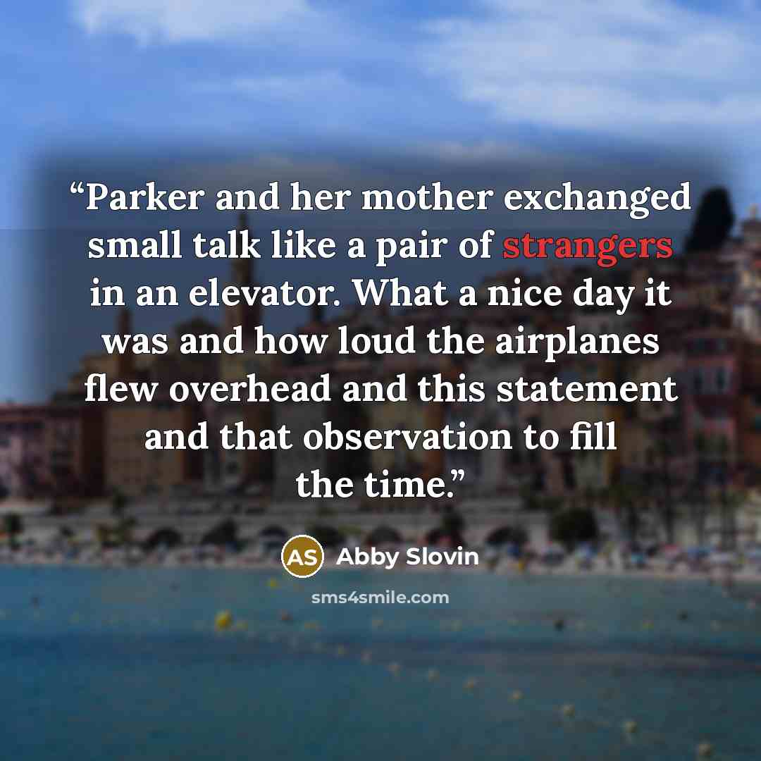 “Parker and her mother exchanged small talk like a pair of strangers in an elevator. What a nice day it was and how loud the airplanes flew overhead and this statement and that observation to fill the time.” quote by Abby Slovin