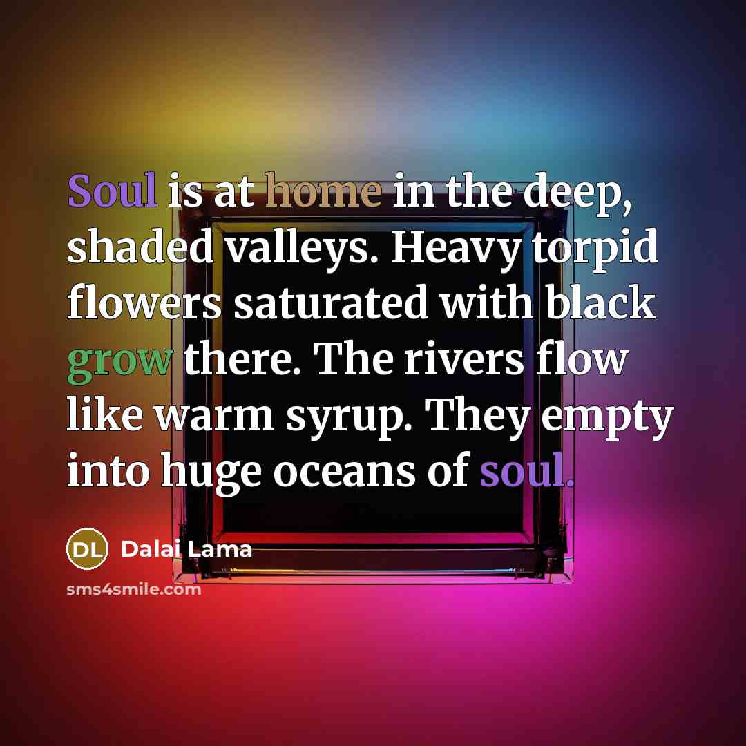“Soul is at home in the deep, shaded valleys. Heavy torpid flowers saturated with black grow there. The rivers flow like warm syrup. They empty into huge oceans of soul.” quote by Dalai Lama