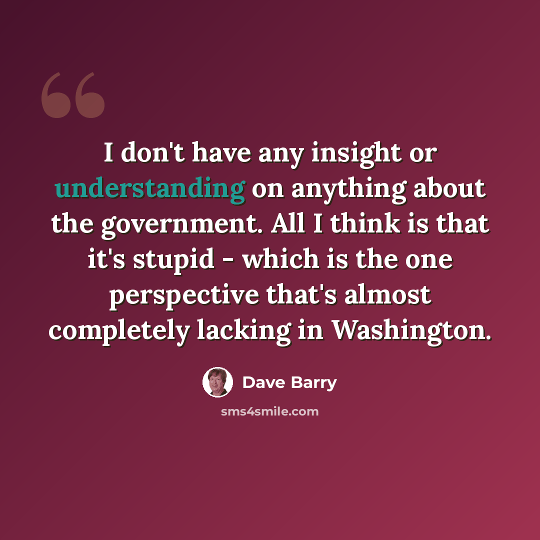 “I don't have any insight or understanding on anything about the government. All I think is that it's stupid - which is the one perspective that's almost completely lacking in Washington.” quote by Dave Barry