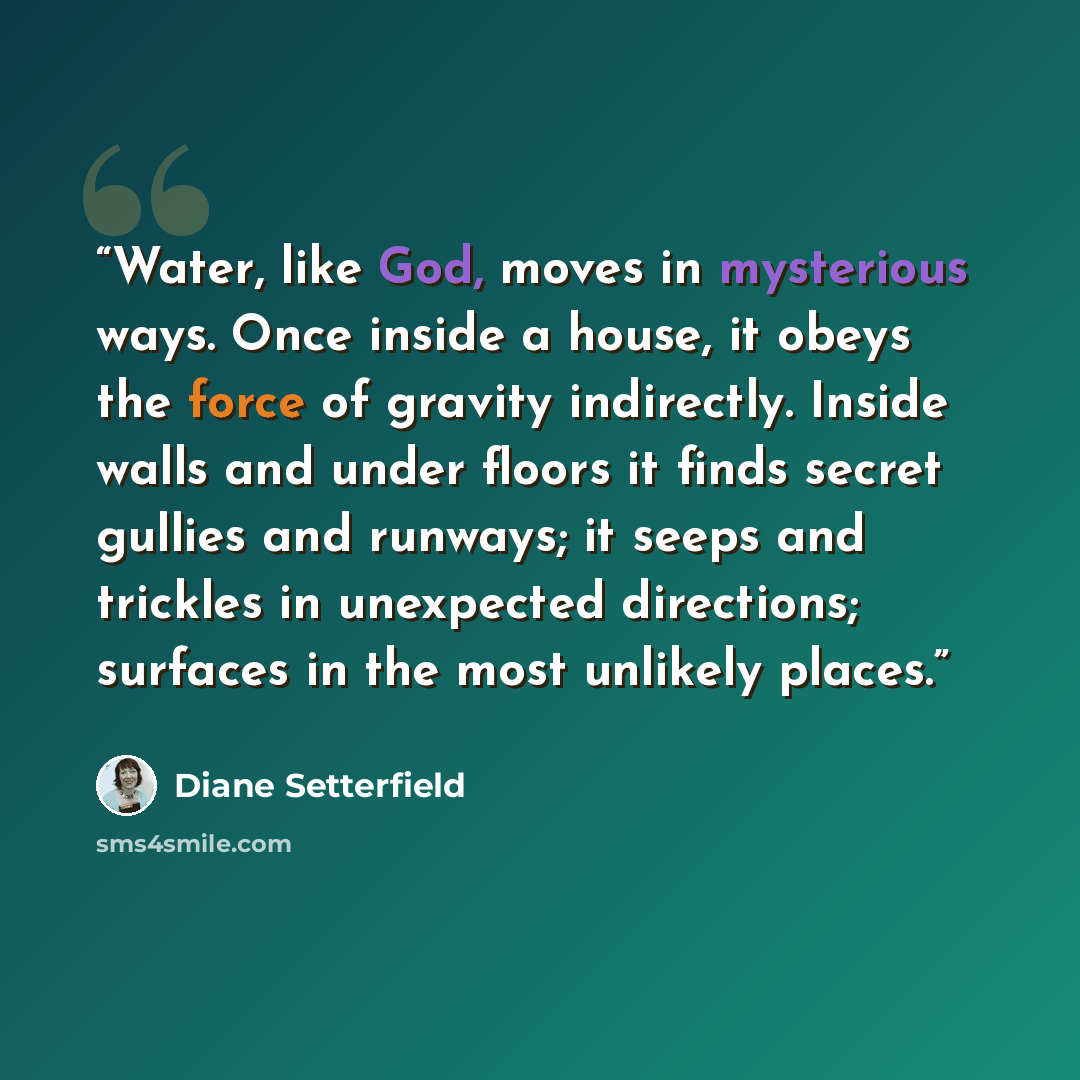 “Water, like God, moves in mysterious ways. Once inside a house, it obeys the force of gravity indirectly. Inside walls and under floors it finds secret gullies and runways; it seeps and trickles in unexpected directions; surfaces in the most unlikely places.” quote by Diane Setterfield