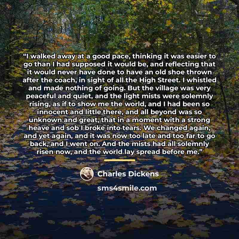 “I walked away at a good pace, thinking it was easier to go than I had supposed it would be, and reflecting that it would never have done to have an old shoe thrown after the coach, in sight of all the High Street. I whistled and made nothing of going. But the village was very peaceful and quiet…” quote by Charles Dickens