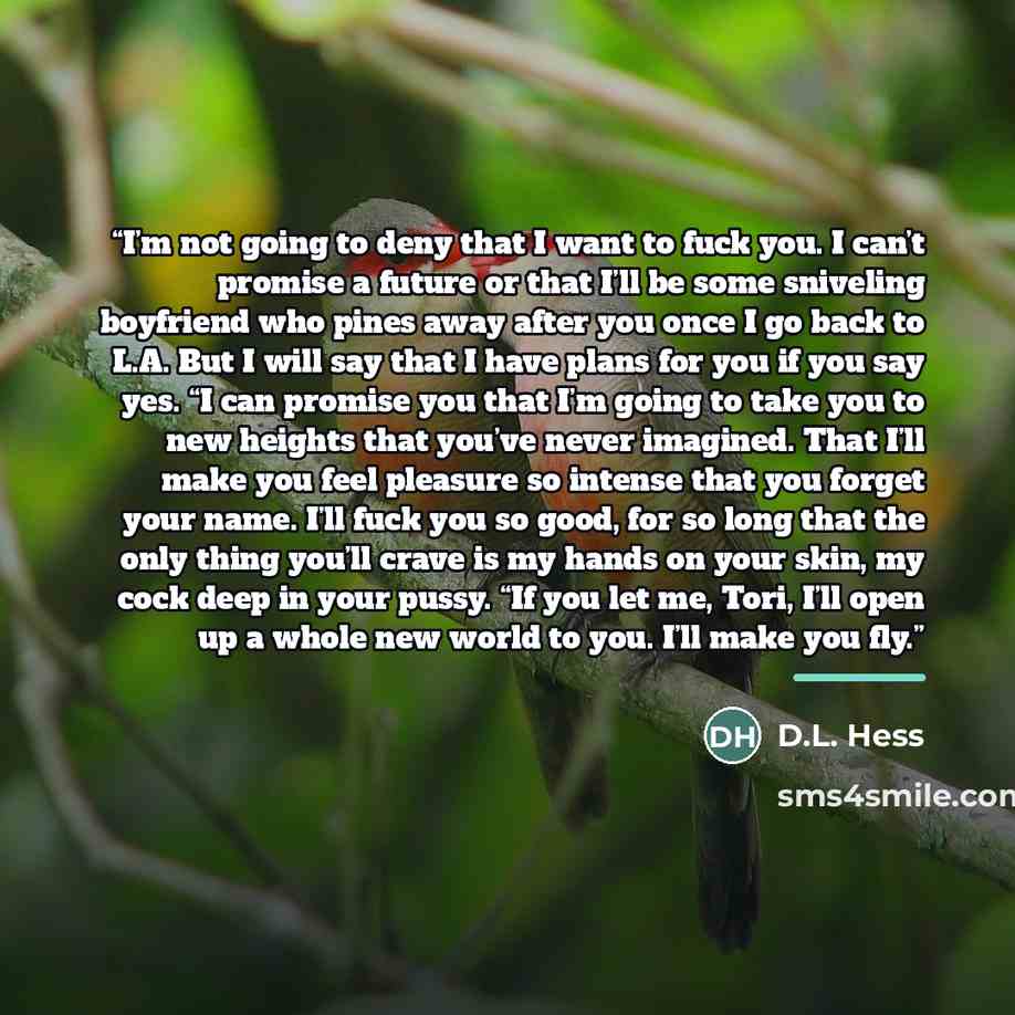 “I’m not going to deny that I want to fuck you. I can’t promise a future or that I’ll be some sniveling boyfriend who pines away after you once I go back to L.A. But I will say that I have plans for you if you say yes. “I can promise you that I’m going to take you to new heights that you’ve never…” quote by D.L. Hess