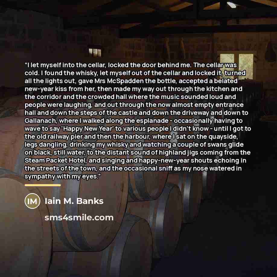“I let myself into the cellar, locked the door behind me. The cellar was cold. I found the whisky, let myself out of the cellar and locked it, turned all the lights out, gave Mrs McSpadden the bottle, accepted a belated new-year kiss from her, then made my way out through the kitchen and the…” quote by Iain M. Banks
