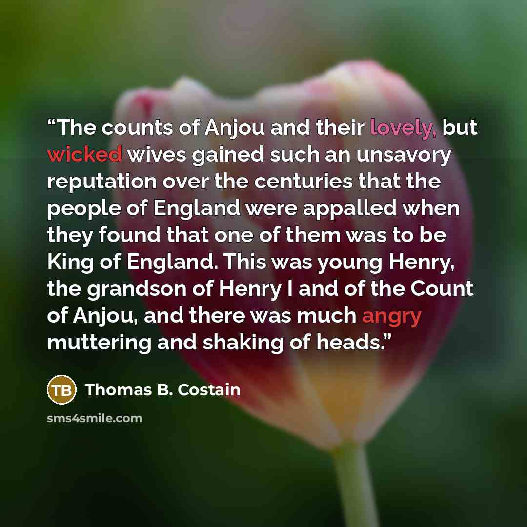 “The counts of Anjou and their lovely, but wicked wives gained such an unsavory reputation over the centuries that the people of England were appalled when they found that one of them was to be King of England. This was young Henry, the grandson of Henry I and of the Count of Anjou, and there was…” quote by Thomas B. Costain