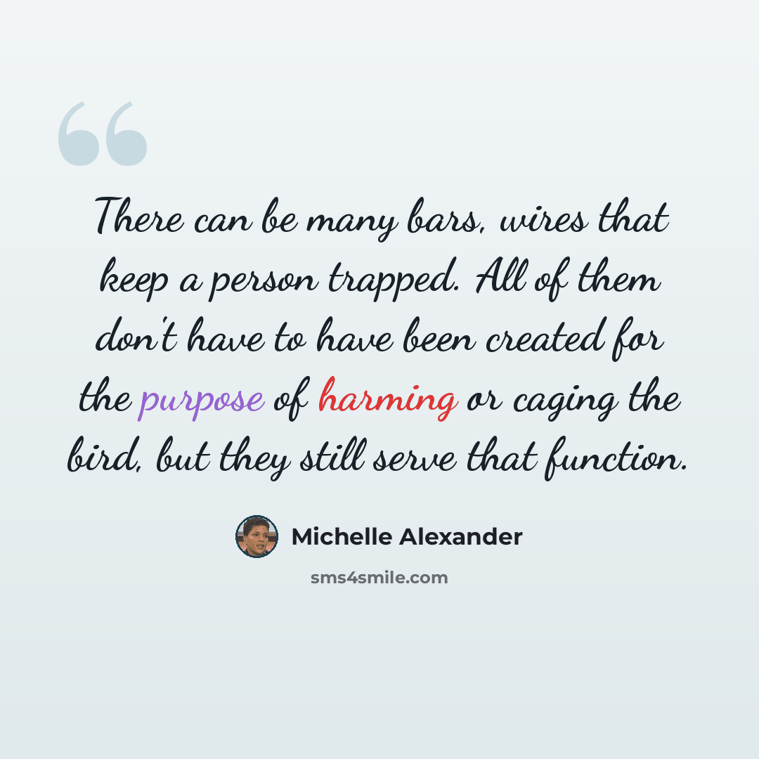 “There can be many bars, wires that keep a person trapped. All of them don't have to have been created for the purpose of harming or caging the bird, but they still serve that function.” quote by Michelle Alexander