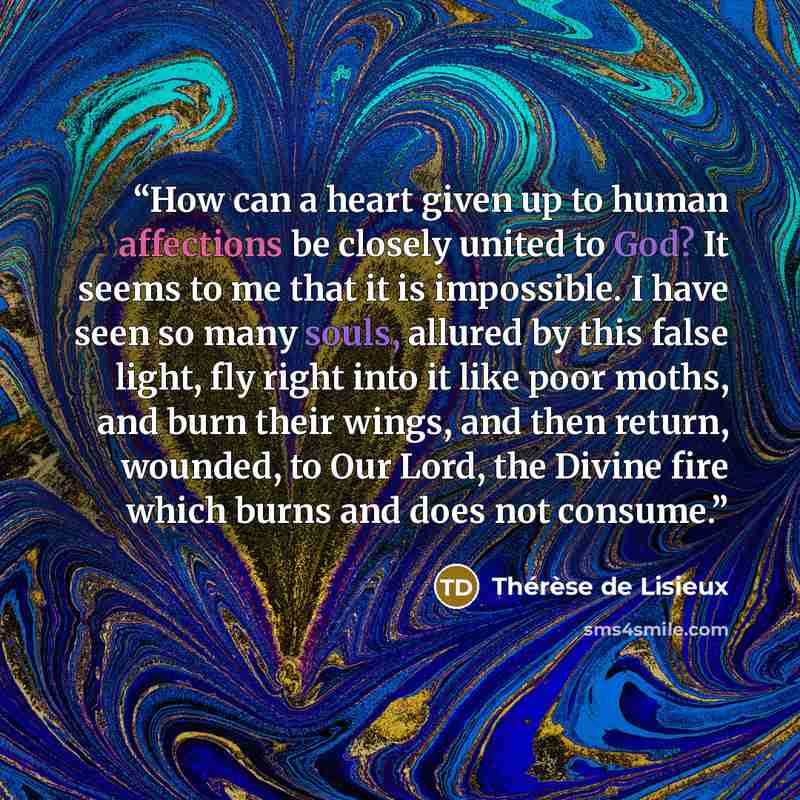 “How can a heart given up to human affections be closely united to God? It seems to me that it is impossible. I have seen so many souls, allured by this false light, fly right into it like poor moths, and burn their wings, and then return, wounded, to Our Lord, the Divine fire which burns and does…” quote by Thérèse de Lisieux