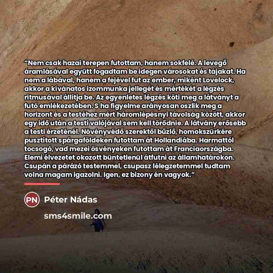 “Nem csak hazai terepen futottam, hanem sokfelé. A levegő áramlásával együtt fogadtam be idegen városokat és tájakat. Ha nem a lábával, hanem a fejével fut az ember, miként Lovelock, akkor a kívánatos izommunka jellegét és mértékét a légzés ritmusával állítja be. Az egyenletes légzés köti meg a…” quote by Péter Nádas