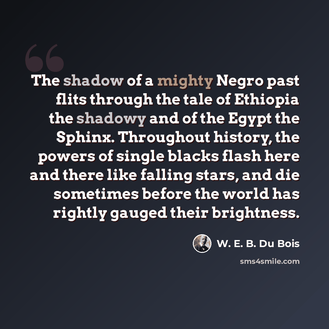 “The shadow of a mighty Negro past flits through the tale of Ethiopia the shadowy and of the Egypt the Sphinx. Throughout history, the powers of single blacks flash here and there like falling stars, and die sometimes before the world has rightly gauged their brightness.” quote by W. E. B. Du Bois