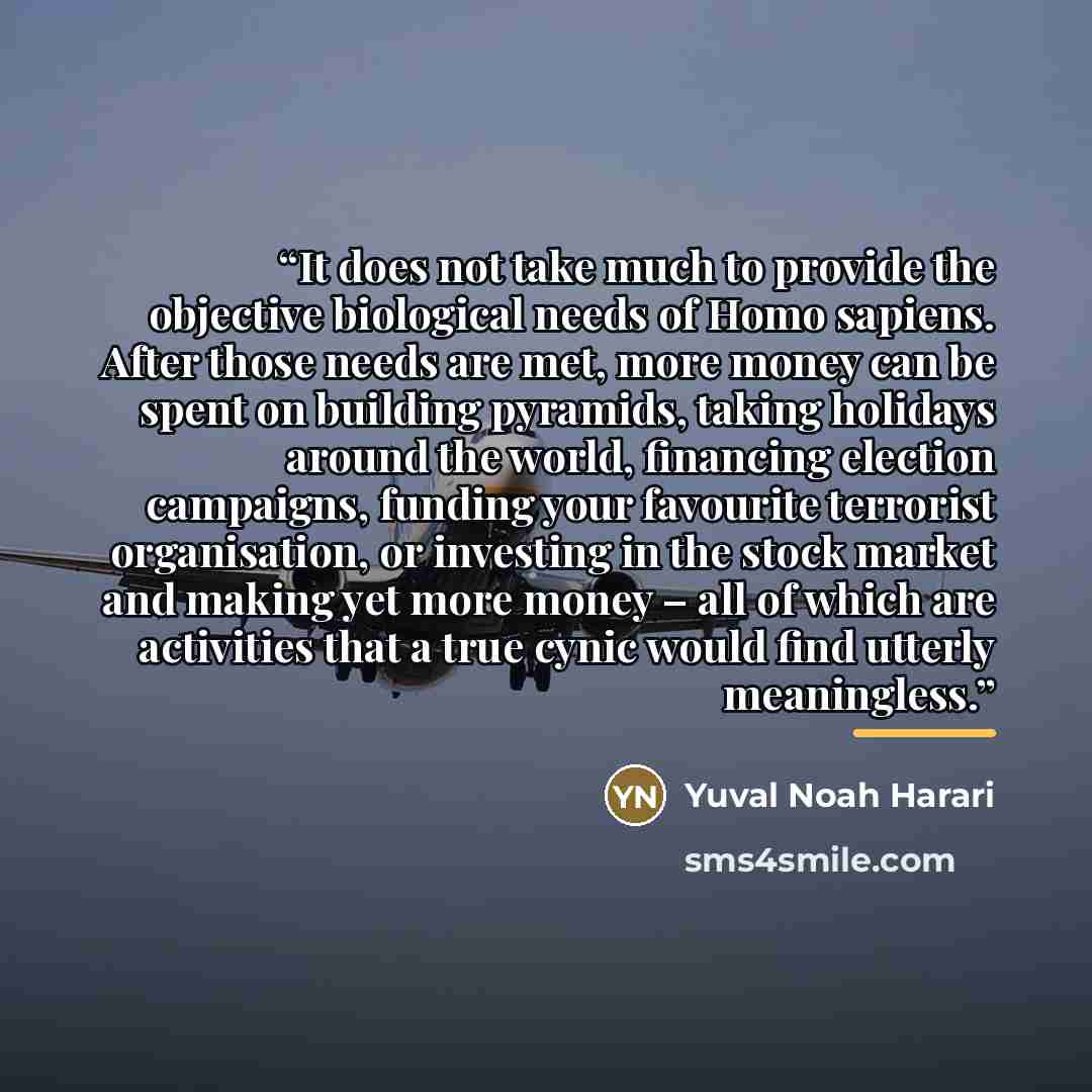 “It does not take much to provide the objective biological needs of Homo sapiens. After those needs are met, more money can be spent on building pyramids, taking holidays around the world, financing election campaigns, funding your favourite terrorist organisation, or investing in the stock market…” quote by Yuval Noah Harari