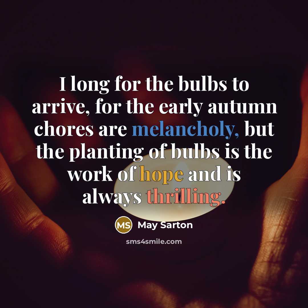 “I long for the bulbs to arrive, for the early autumn chores are melancholy, but the planting of bulbs is the work of hope and is always thrilling.” quote by May Sarton