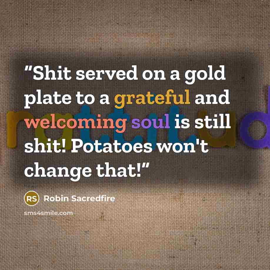 “Shit served on a gold plate to a grateful and welcoming soul is still shit! Potatoes won't change that!” quote by Robin Sacredfire
